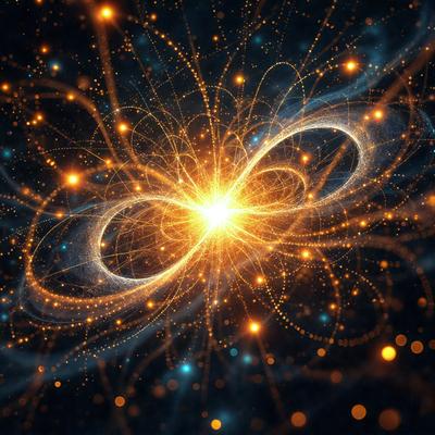 The primary subject of the image is a brightly colored, swirling pattern that resembles a sun or a star. The setting is a dark background, which contrasts with the vibrant colors of the pattern. The visual style appears to be a combination of digital art and illustration, creating a dynamic and eye-catching design. The colors and mood of the image are predominantly warm and inviting, with the bright colors and swirling patterns evoking a sense of energy and movement.